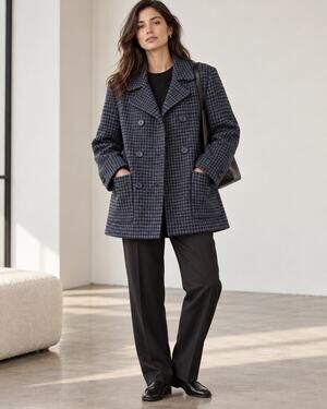 Heather Harlan Herringbone Double‑Breasted  Wool Bend Coat in Navy, L